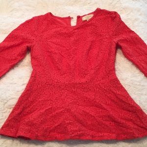 Anthropologie Red Lace Peplum 3/4 Sleeve Top